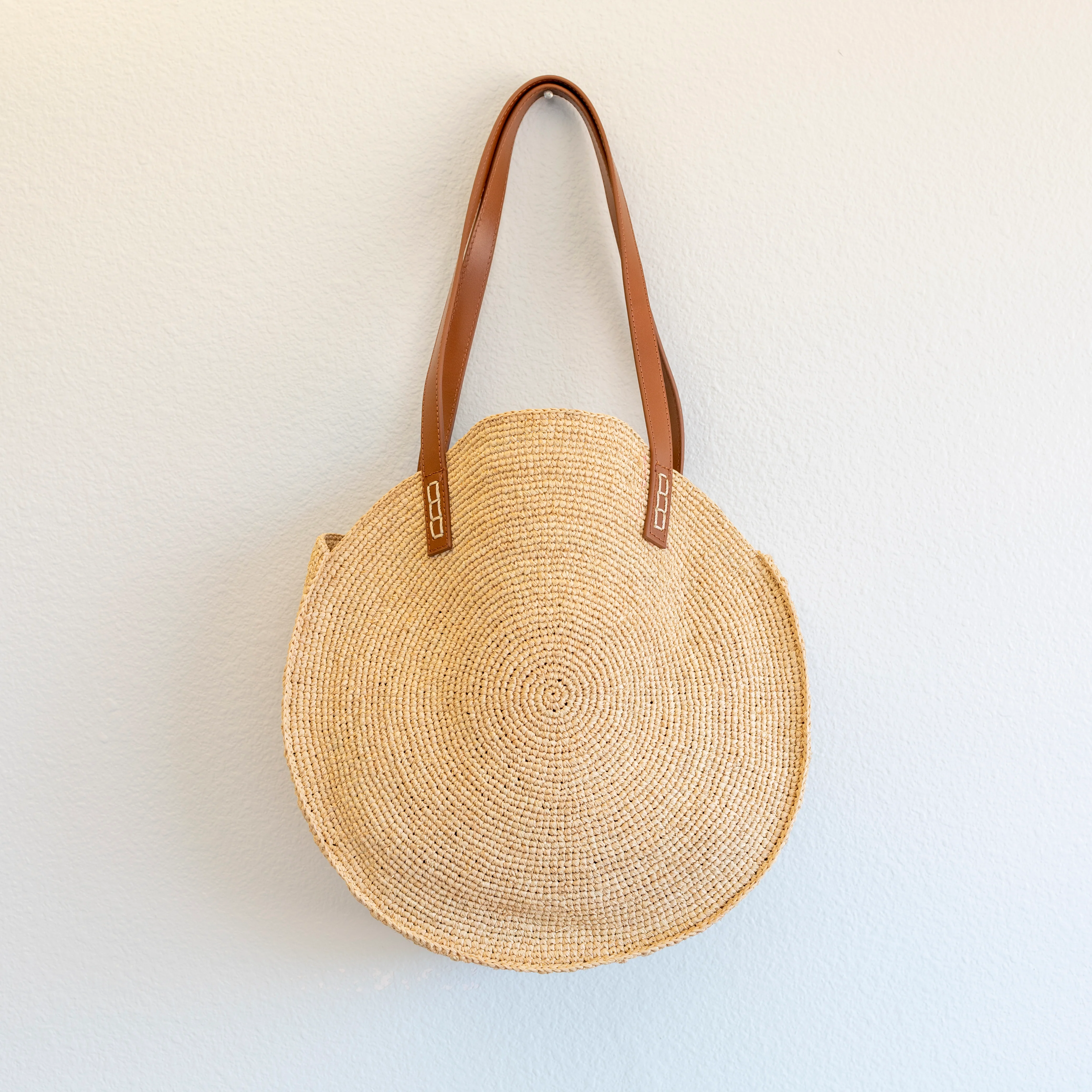 Round Raffia Woven Shoulder Bag with Genuine Leather Straps