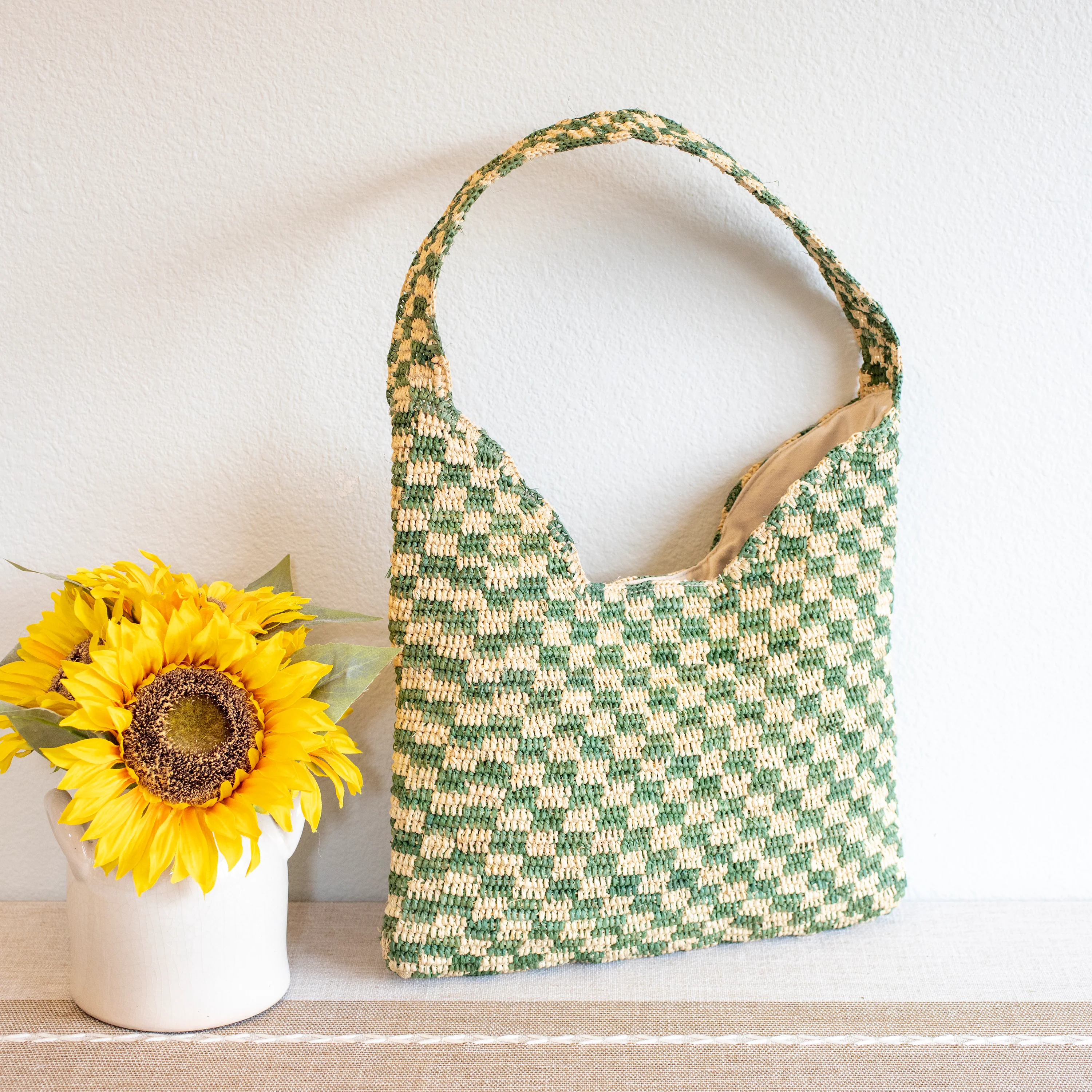 Women's Checkered Raffia Woven Summer Straw Tote